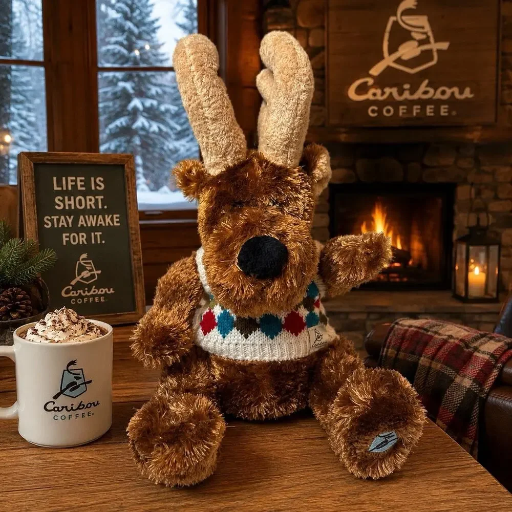 Caribou Coffee 2012 Plush Reindeer Moose Stuffed Animal Argyle Sweater 11”